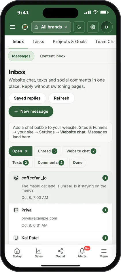 Ospelia Inbox screen on an iPhone