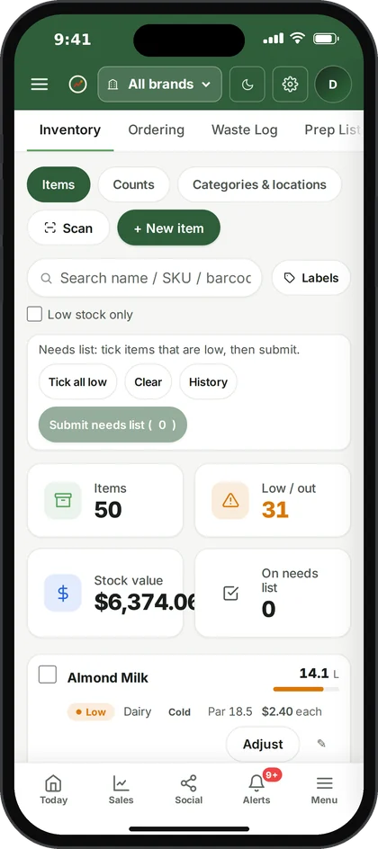 Ospelia Inventory screen on an iPhone