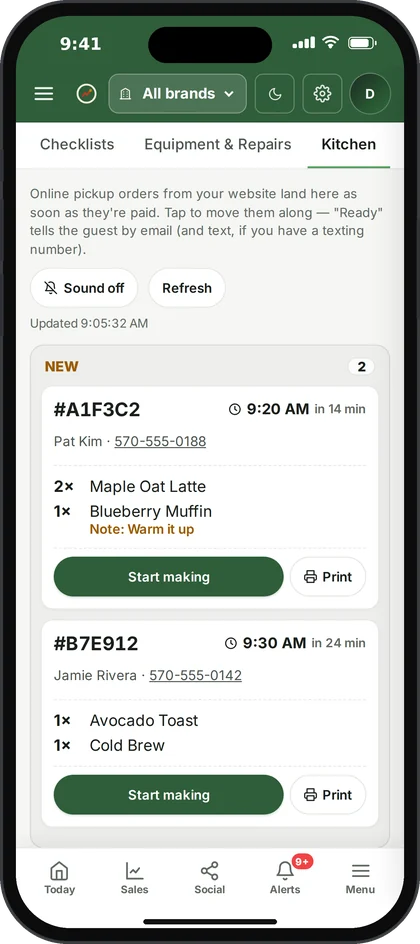 Ospelia Kitchen board screen on an iPhone