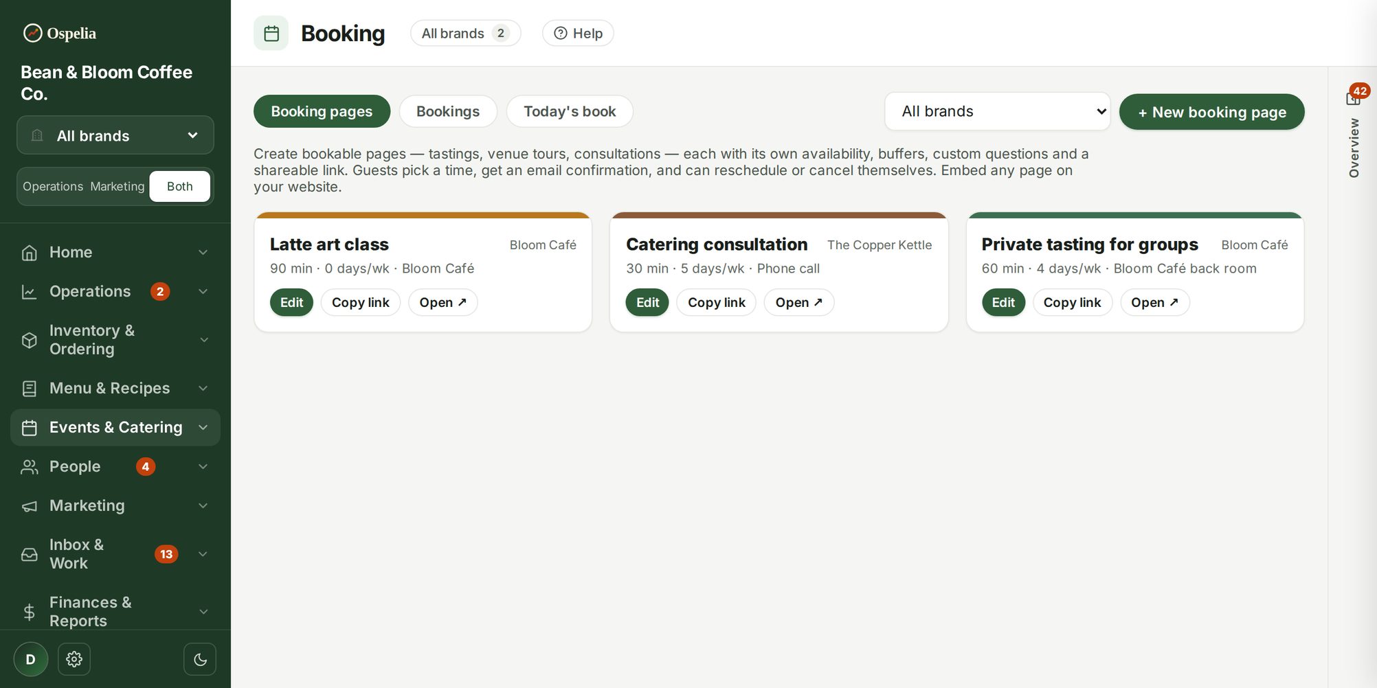 Booking pages screen in Ospelia