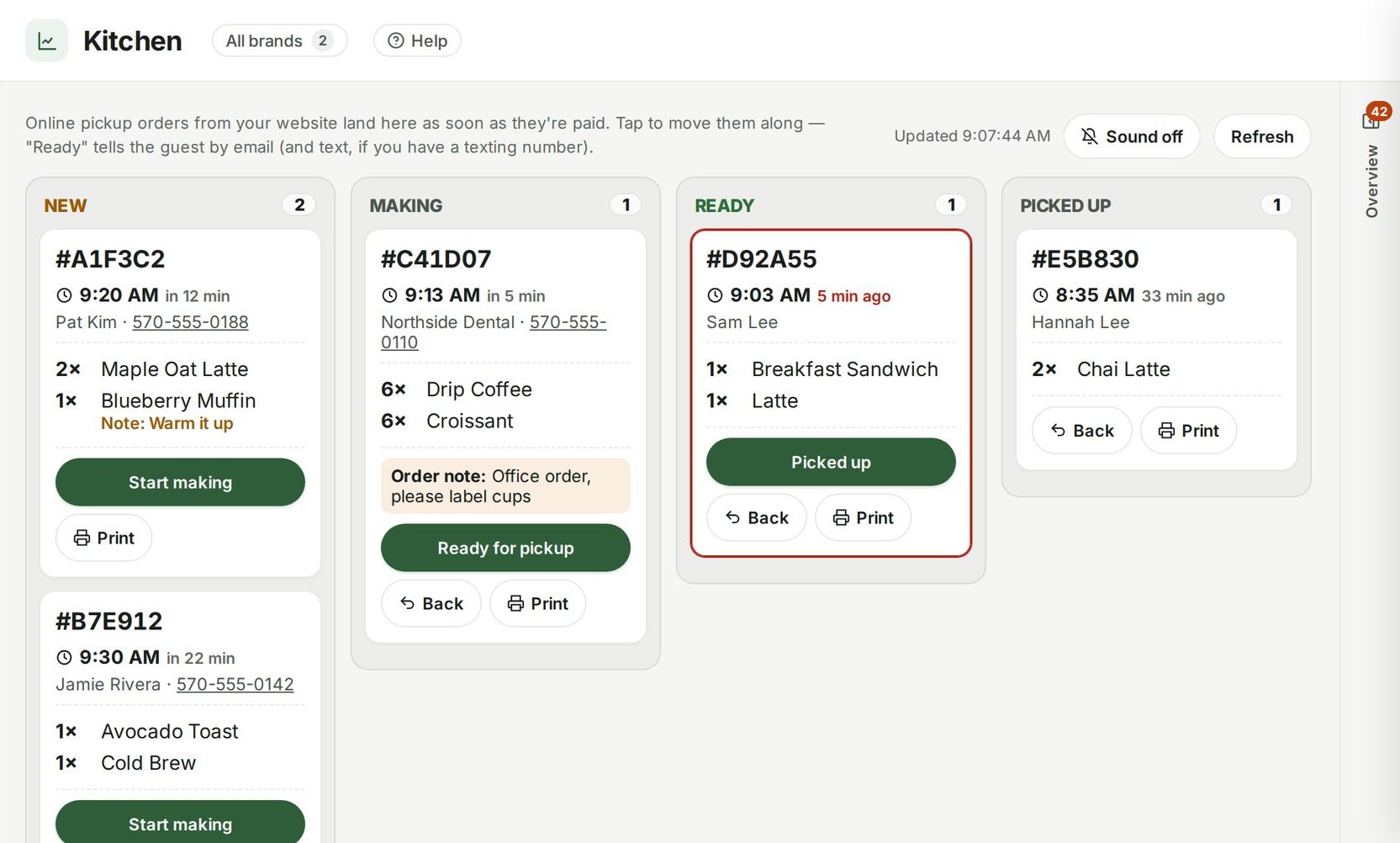 Online ordering & kitchen board