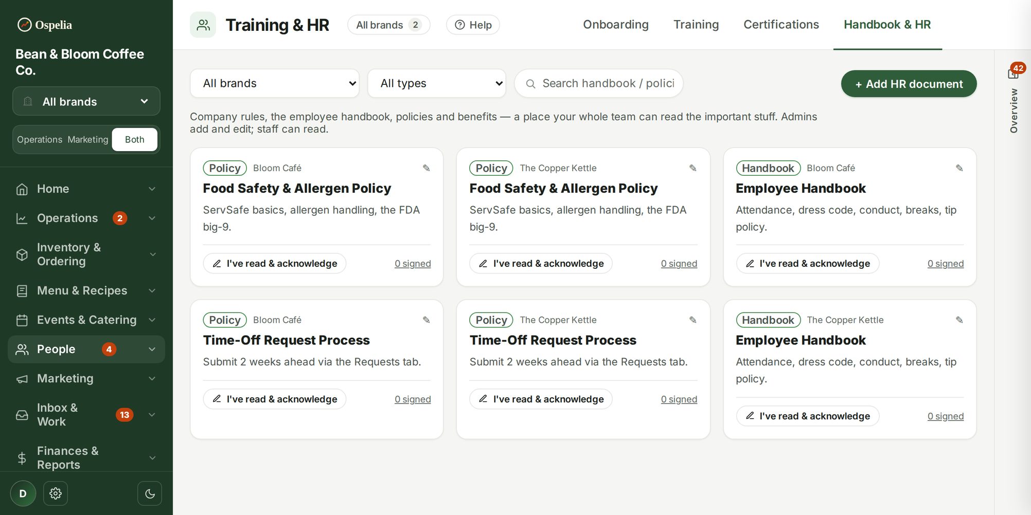 Handbook & policies screen in Ospelia