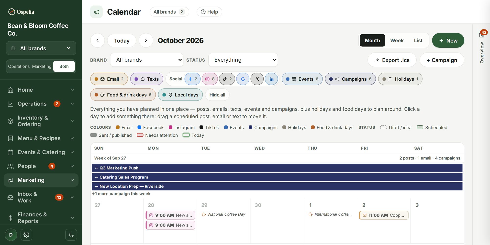 Marketing calendar with posts, campaigns and events