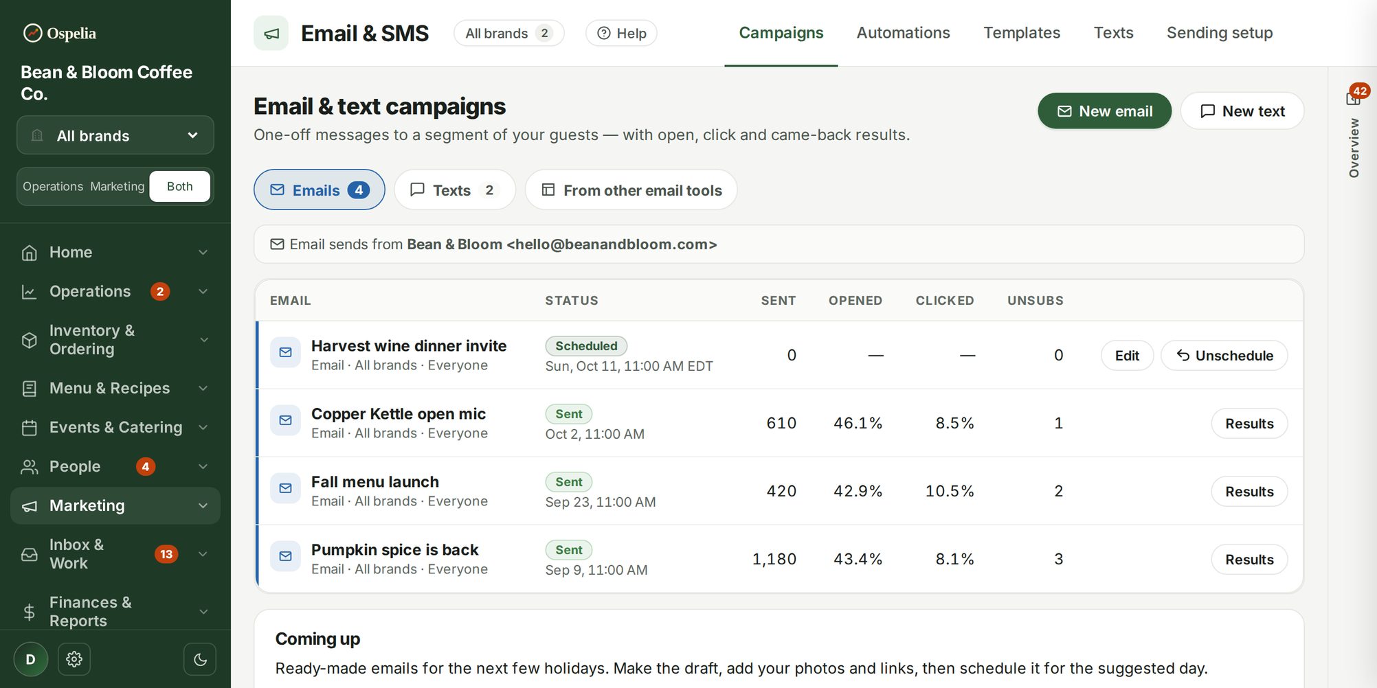 Email & text marketing screen in Ospelia