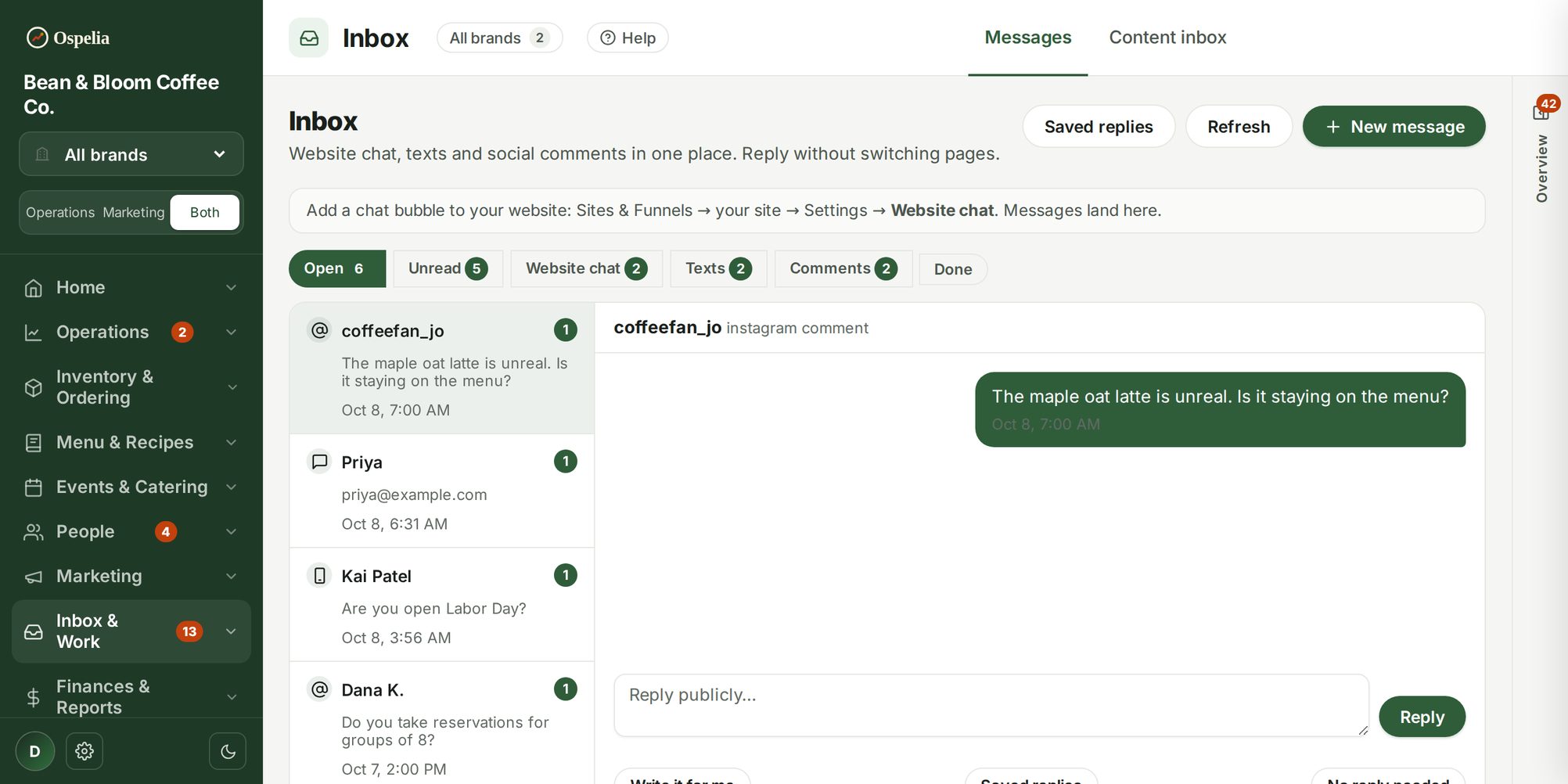 Inbox & website chat screen in Ospelia
