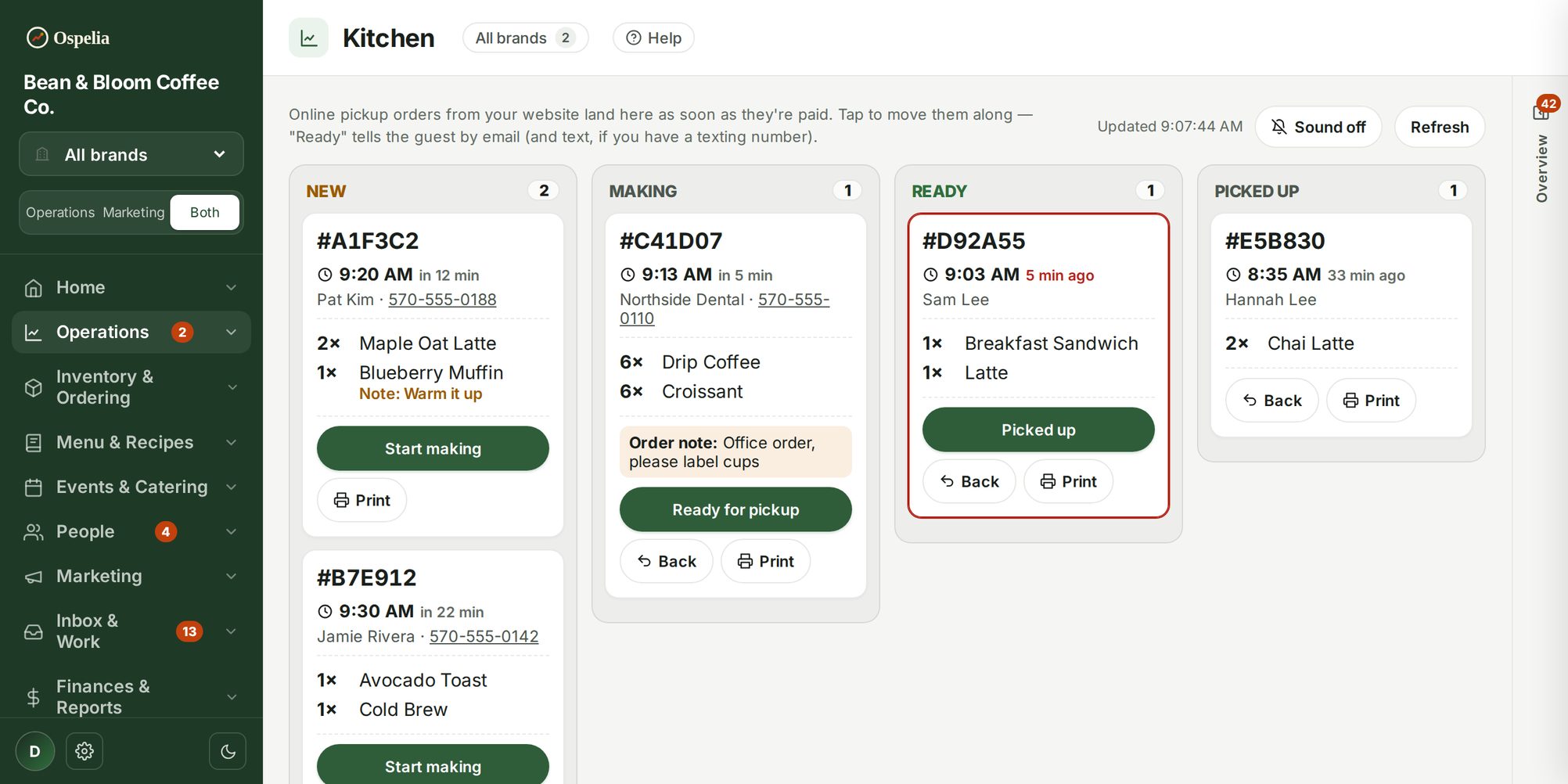 Online ordering & kitchen board screen in Ospelia