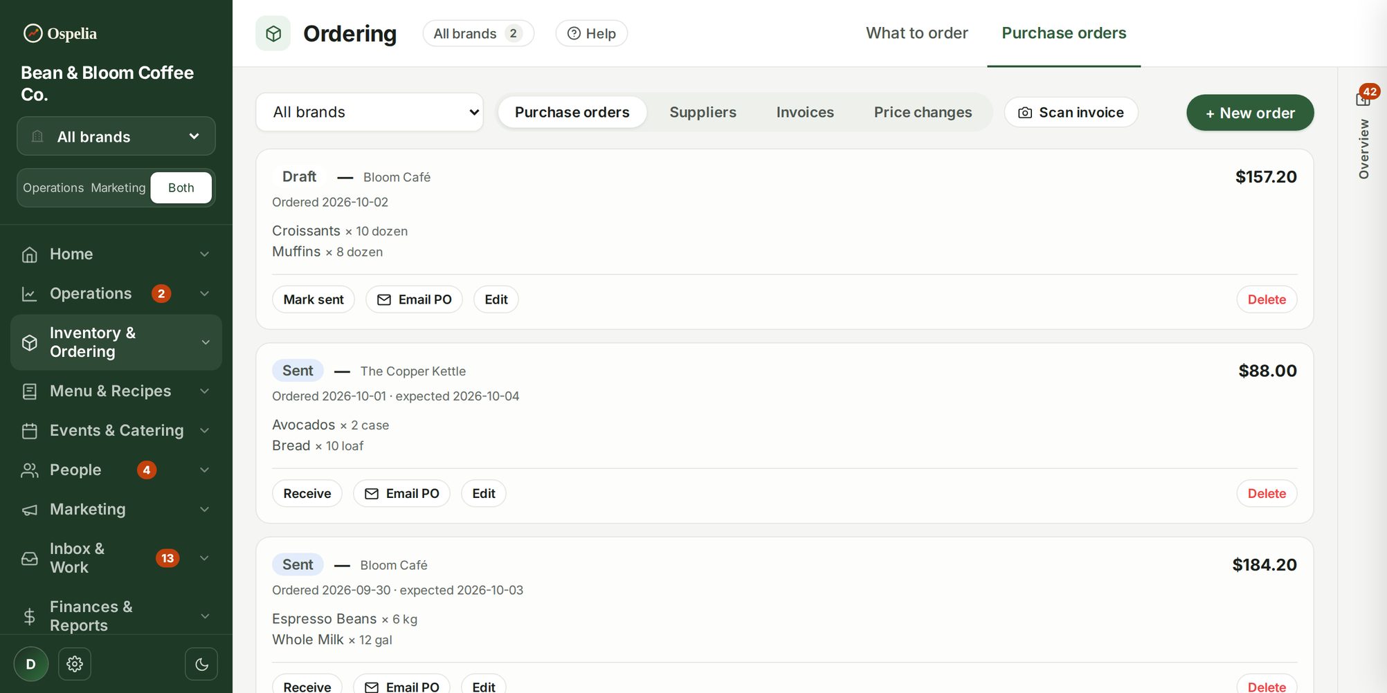 Purchase orders screen in Ospelia