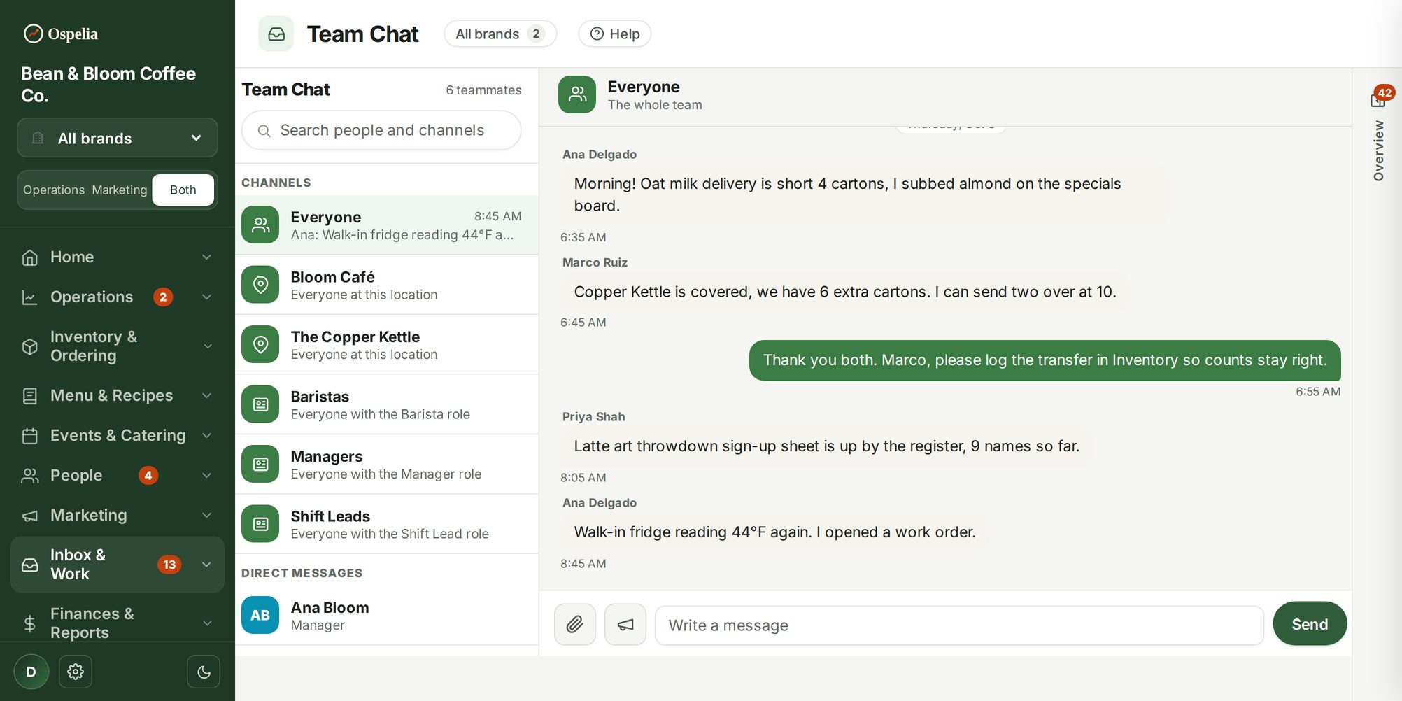 Team chat screen in Ospelia