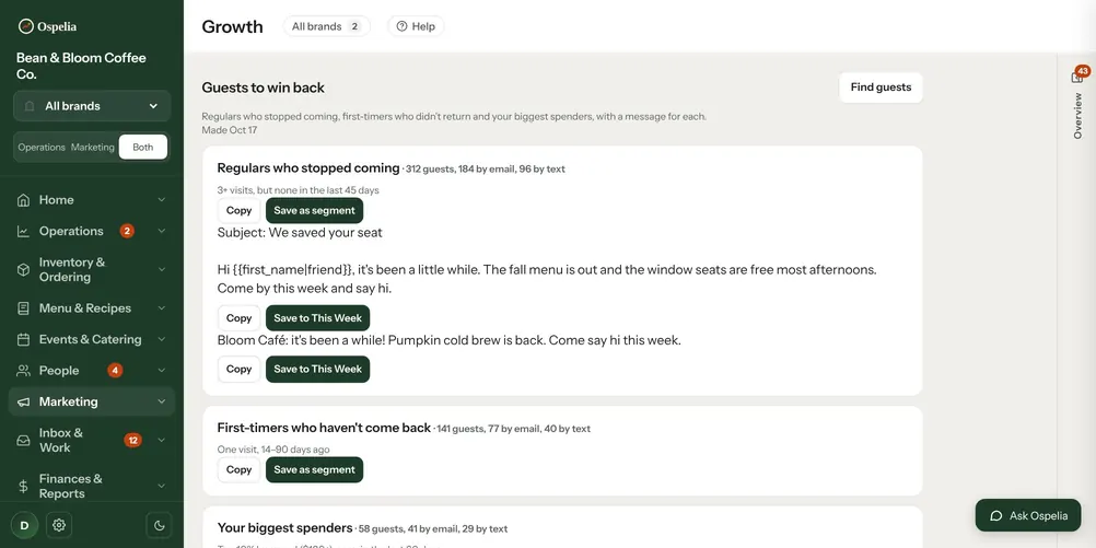 Win back guests screen in Ospelia