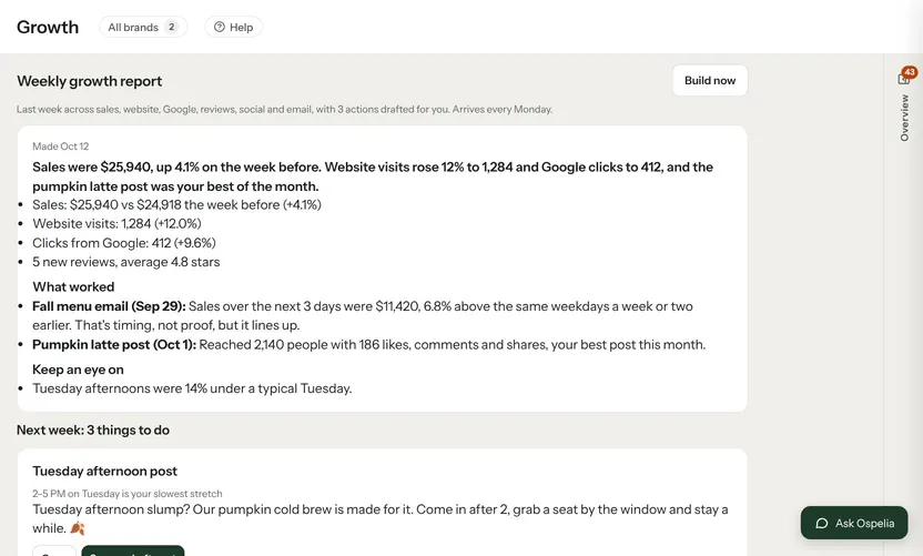 Weekly growth report on the Growth page, with what worked and three drafted actions