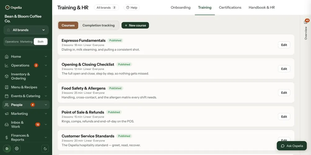 Training courses screen in Ospelia